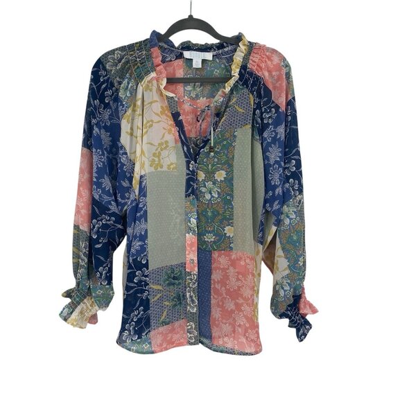 Bunulu Women's XL Mixed Print Boho Peasant Smocked Beaded Tie Front Blouse Sheer - Picture 2 of 13